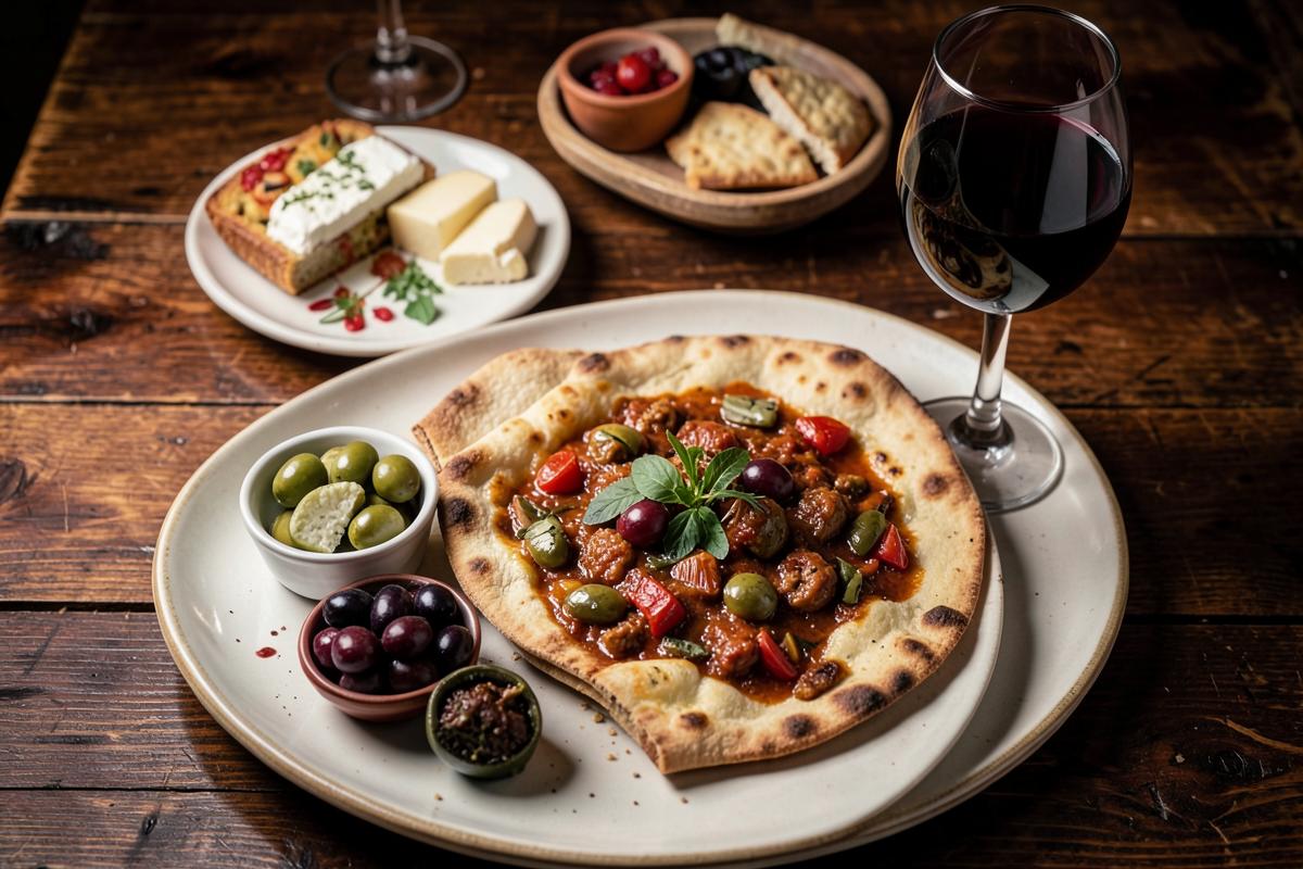 Gazpacho jumillano con torta cenceña, aceitunas y vino tinto